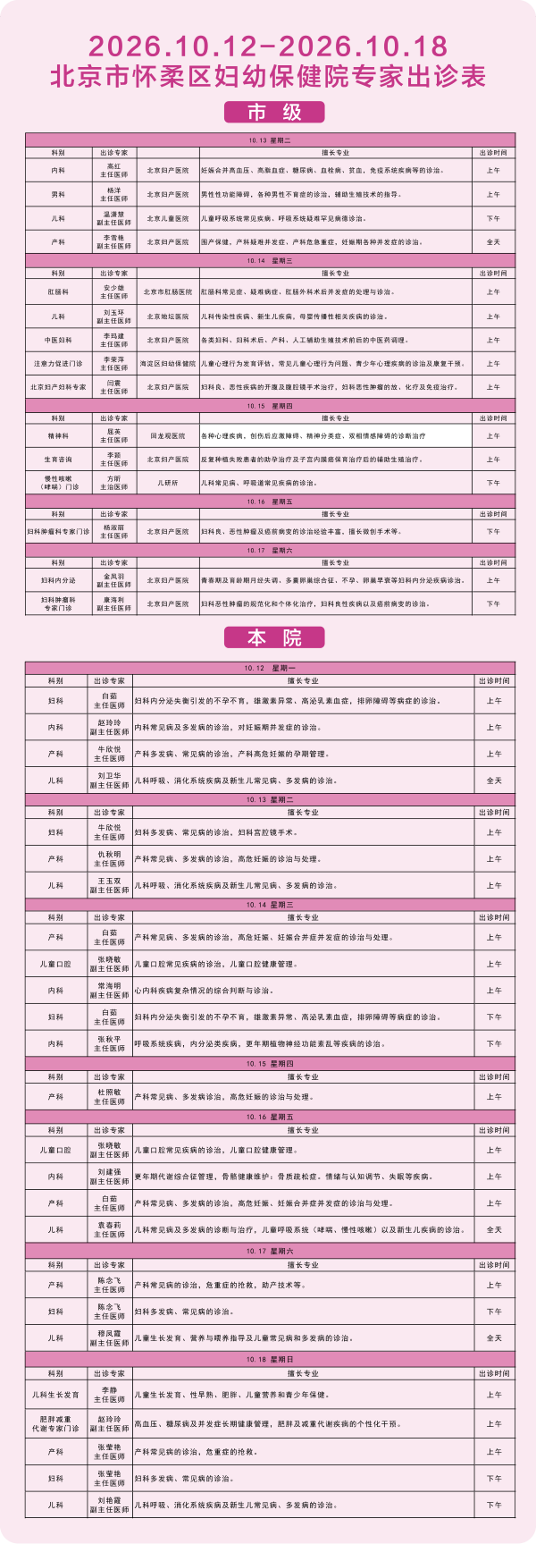 【专家出诊信息】怀柔区妇幼保健院2026.10.12-10.18专家出诊信息